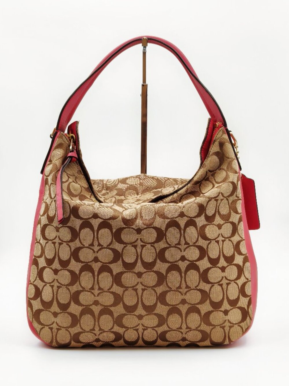 Coach Signature C Jacquard Hobo Shoulder Bag Brown Pink Leather Trim